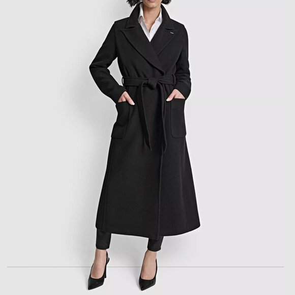 DKNY Women's Black Notched Collar Double Breasted Wrap Coat Size XL (MSRP $350) - Picture 1 of 8